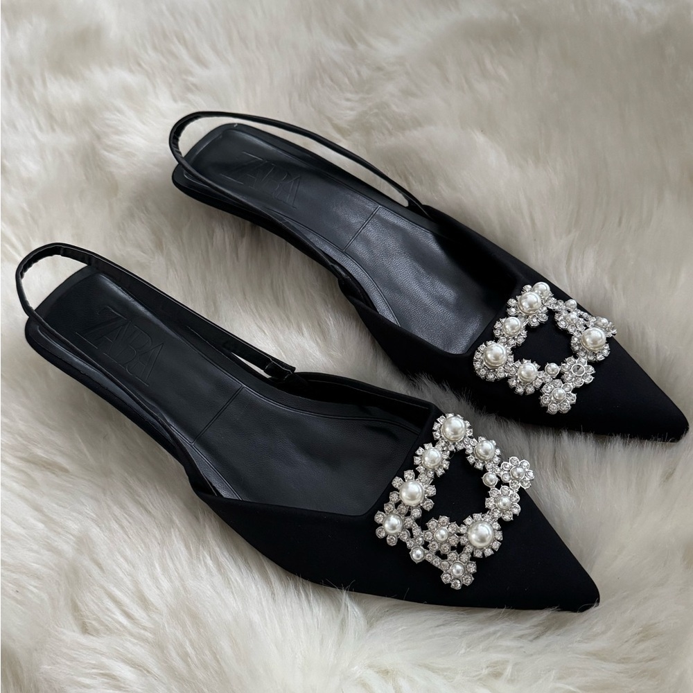 ZARA Black Slingback Kitten Heels Pearl Rhinestones Wedding Work Party 40 9.5 10